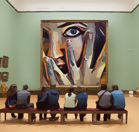 People in a museum staring at a painting