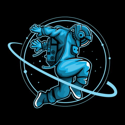 An astronaut jumping with a ringed planet on the background