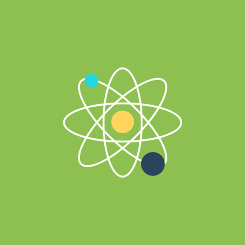 An atom in a light green background