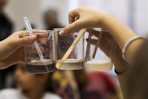 mani di bambini con contenitori di soluzioni colorate durante un esperimento