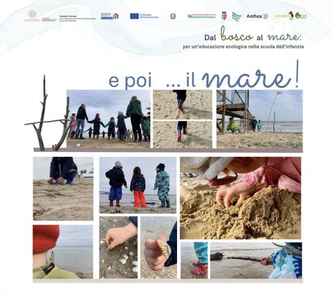 collage di foto di bambini che giocano sulla spiaggia